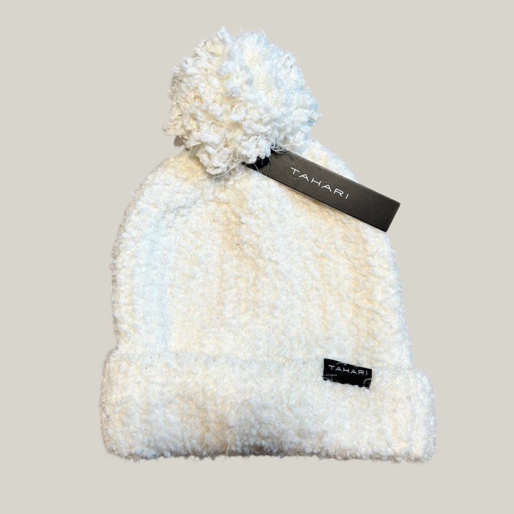 Tahari Womens Beanie One Size Cream Polyester Fuzzy Pom Pom Minimalist Lux Soft